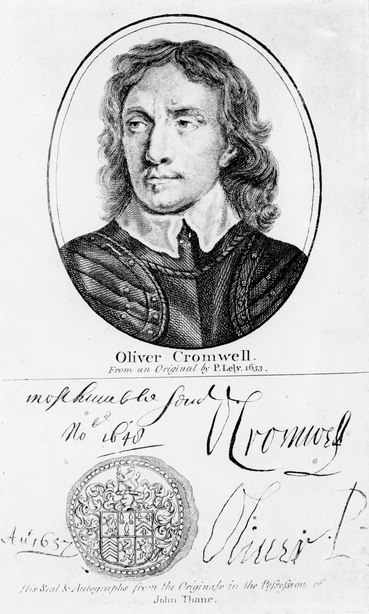 Porträt von Oliver Cromwell (1599-1658) nach einem Original von Peter Lely von 1653, und sein Siegel und seine Unterschriften von English School