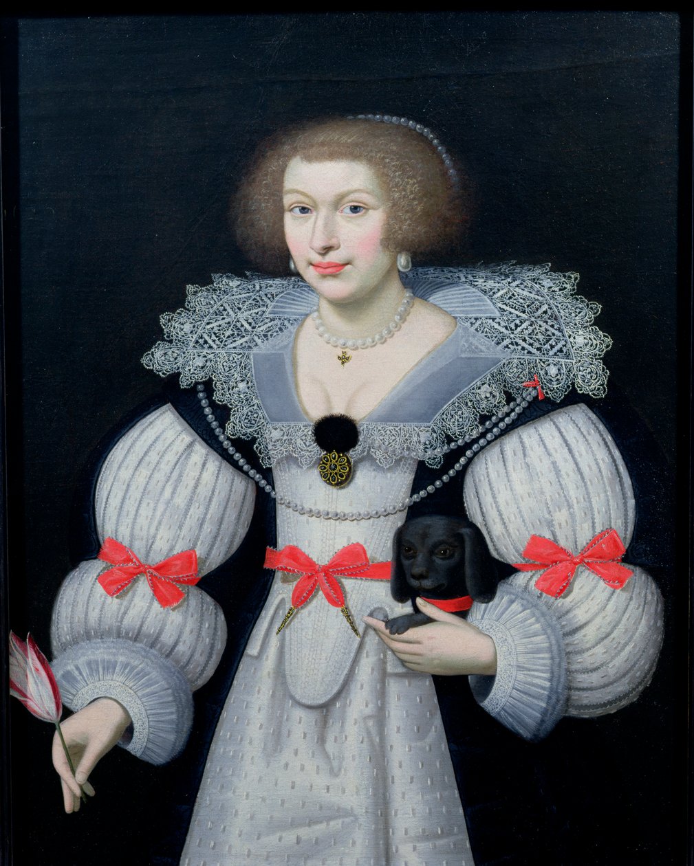 Porträt einer Dame mit einem Hund und einer Tulpe, c.1620 von English School