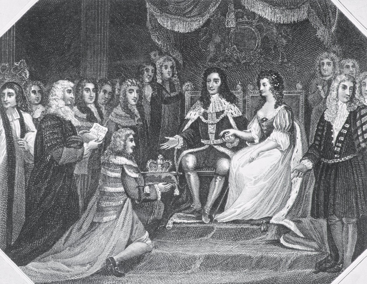 Übergabe der Bill of Rights an Wilhelm III. (1650-1702) von Oranien und Maria II. (1662-94) von English School