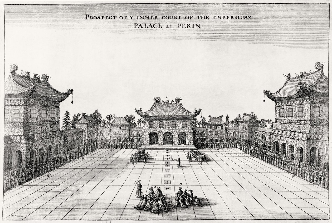 Aussicht auf den inneren Hof des Kaiserpalastes in Peking, 1669 von English School