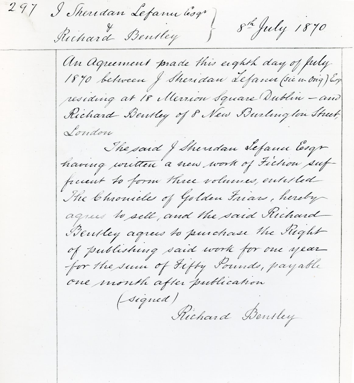 Verlagsvertrag zwischen Joseph Sheridan Le Fanu und Richard Bentley für 