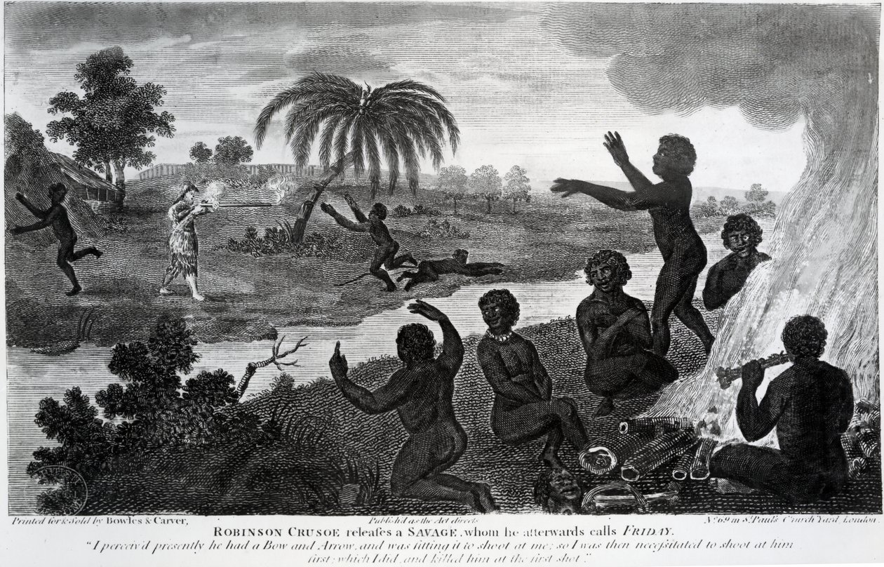 Robinson Crusoe befreit einen Wilden, den er später Freitag nennt, Illustration aus 