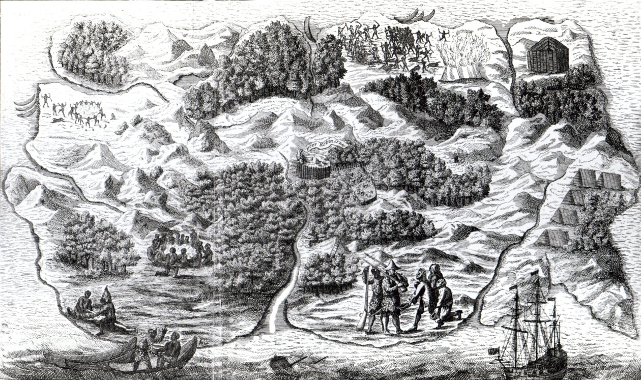 Robinson Crusoes Insel, graviert von Clark und Pine, 1719 von English School