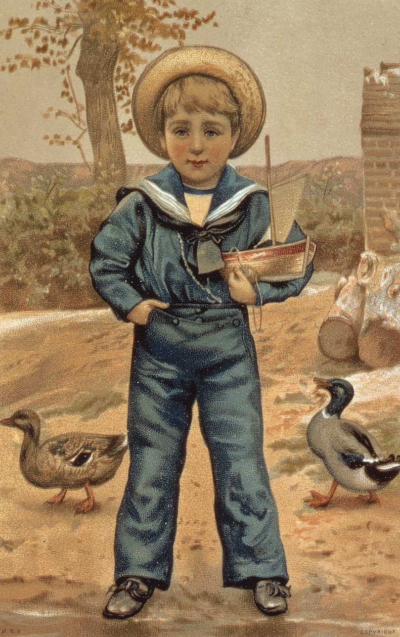 Matrosenjunge mit einem Boot, viktorianische Karte von English School