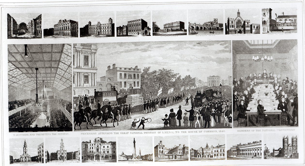 Szenen im Zusammenhang mit der Einreichung der Petition an das Parlament durch Thomas Duncombe (1796-1861) im Jahr 1842 von English School