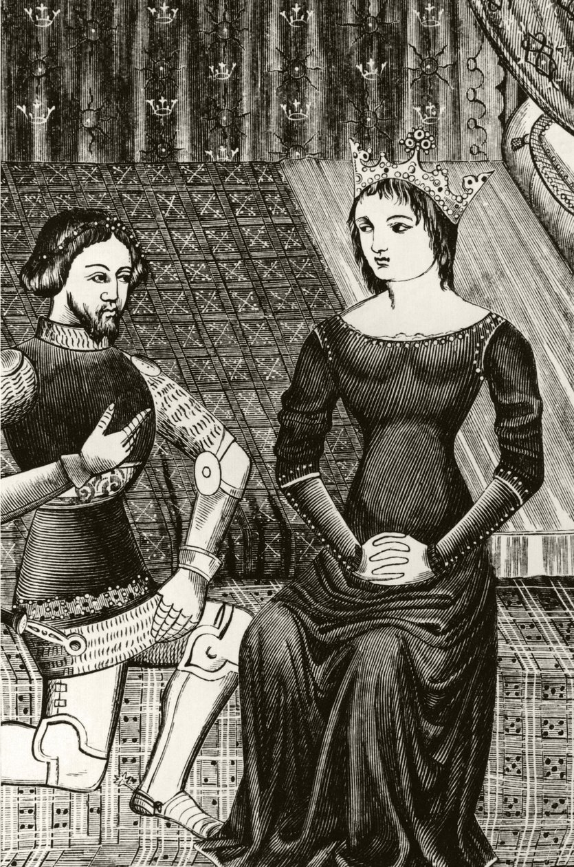 Sir Lancelot kniet vor Königin Guinevere, graviert nach einer Miniatur aus dem 12. Jahrhundert von English School