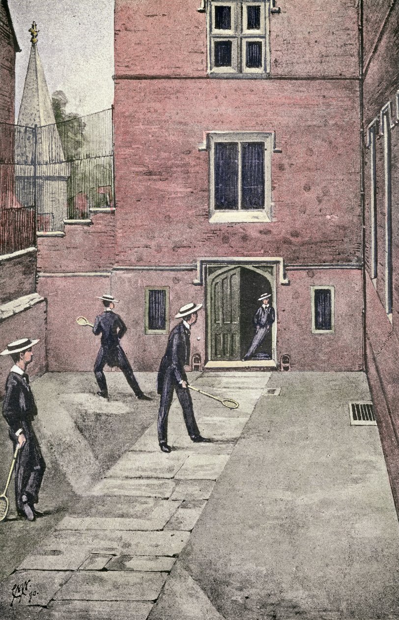 Squash-Schläger in Harrow, Illustration aus Lawn Tennis Rackets and Fives, veröffentlicht 1890 von English School