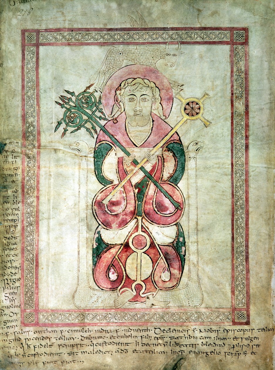 St. Lukas und sein geflügeltes Kalb, Titelseite zum Lukas-Evangelium, aus den Lichfield-Evangelien, ca. 720 von English School