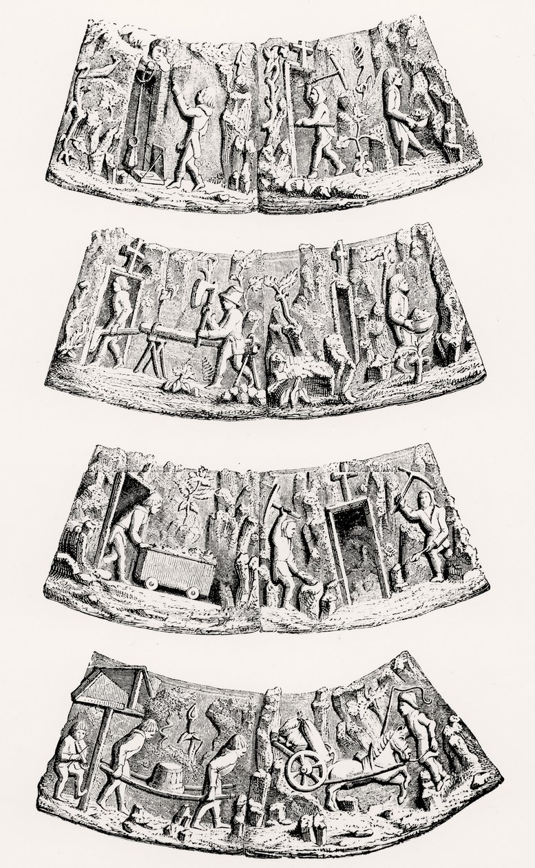 Die Gewinnung von Edelmetallen, Stücke im zeremoniellen Kragen des Senior-Mitglieds der Goldschmiede in Gent, Illustration aus Wissenschaft und Literatur im Mittelalter und der Renaissance, geschrieben von English School