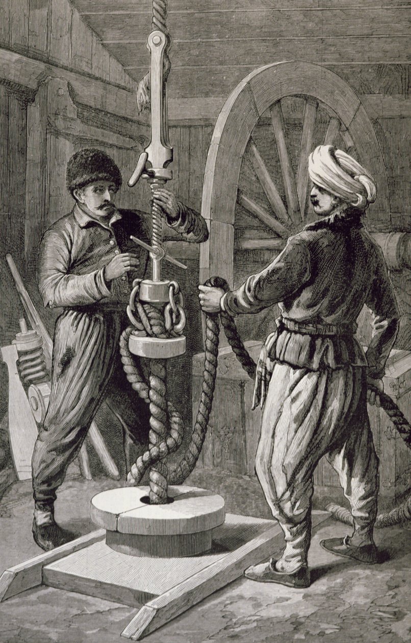 Die Erdölquellen in Baku am Kaspischen Meer: Bohren eines Erdölbrunnens, aus 