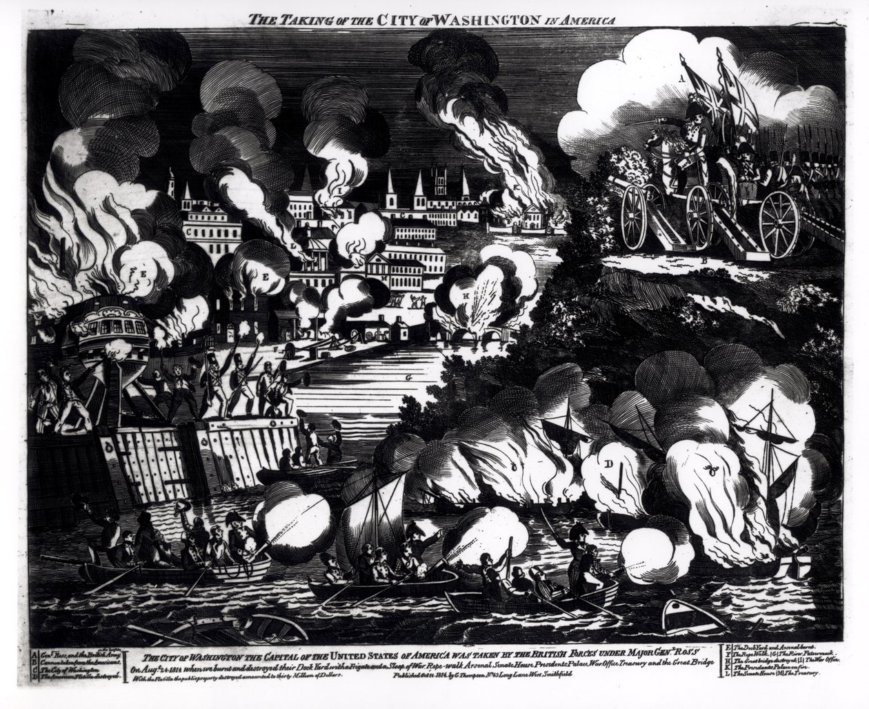 Die Einnahme der Stadt Washington in Amerika, 24. August 1814, veröffentlicht von G. Thompson, 1814 von English School