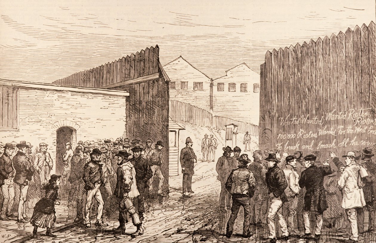 Die Arbeitslosen von London: Inschrift auf den Toren, West India Docks, aus 