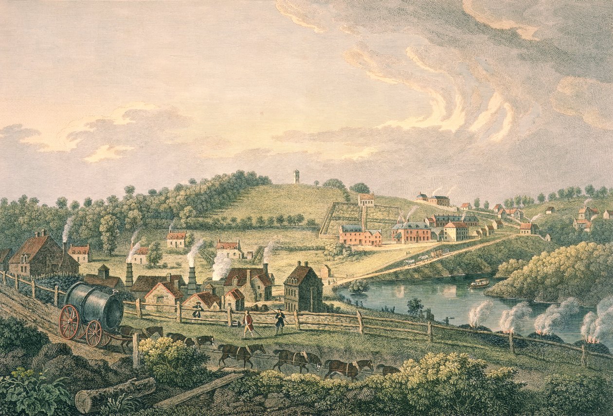 Oberwerke in Coalbrookdale, Shropshire, graviert von F. Vivares, veröffentlicht 1758 von English School