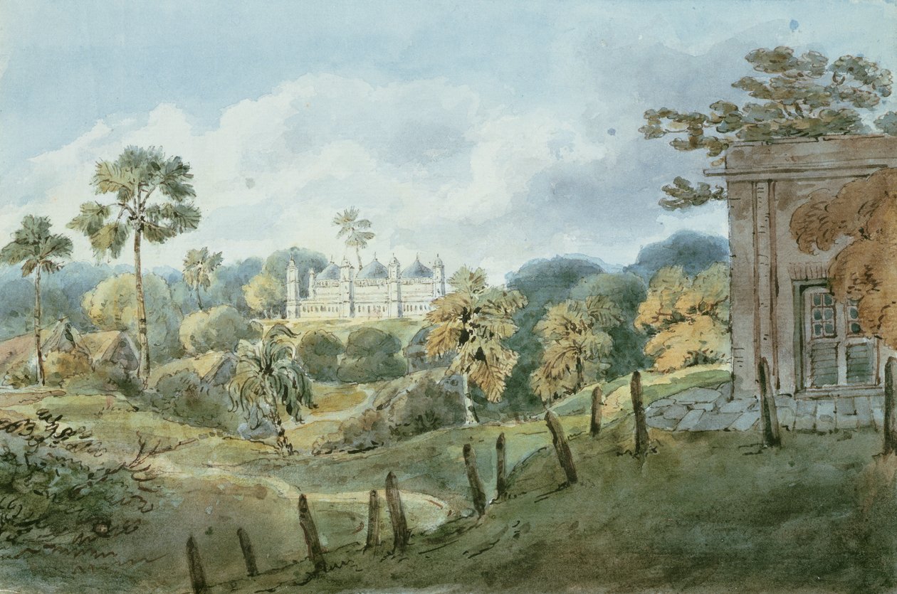 Blick vom Bungalow von Captain Williams in Mongheer (Munger), ca. 1808 von English School