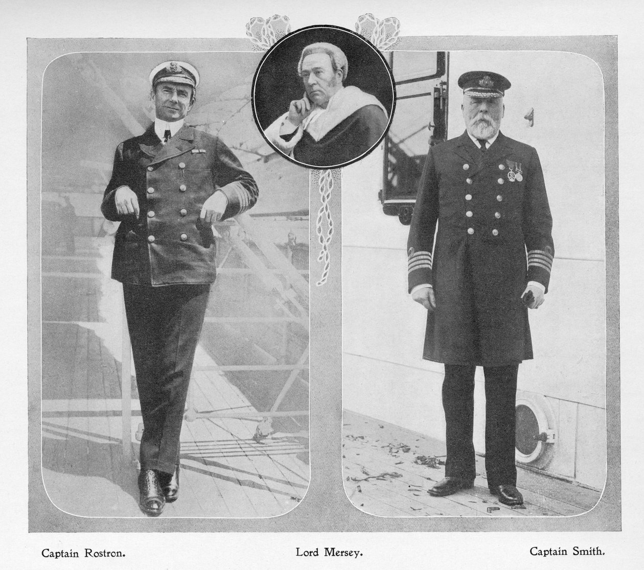 Arthur Henry Rostron, Kapitän der RMS Carpathia, die Titanic-Überlebende rettete (links), Lord Mersey, der die Titanic-Untersuchungskommission leitete (Mitte) und Edward John Smith, Kapitän der Titanic (links) von English Photographer