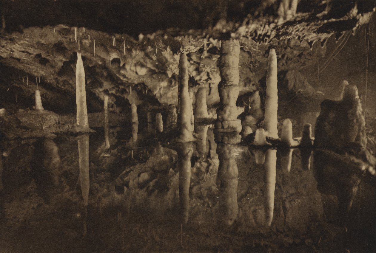 Cheddar-Höhlen: Stalagmitenpfeiler, eine schöne reflektierte Gruppe von English Photographer