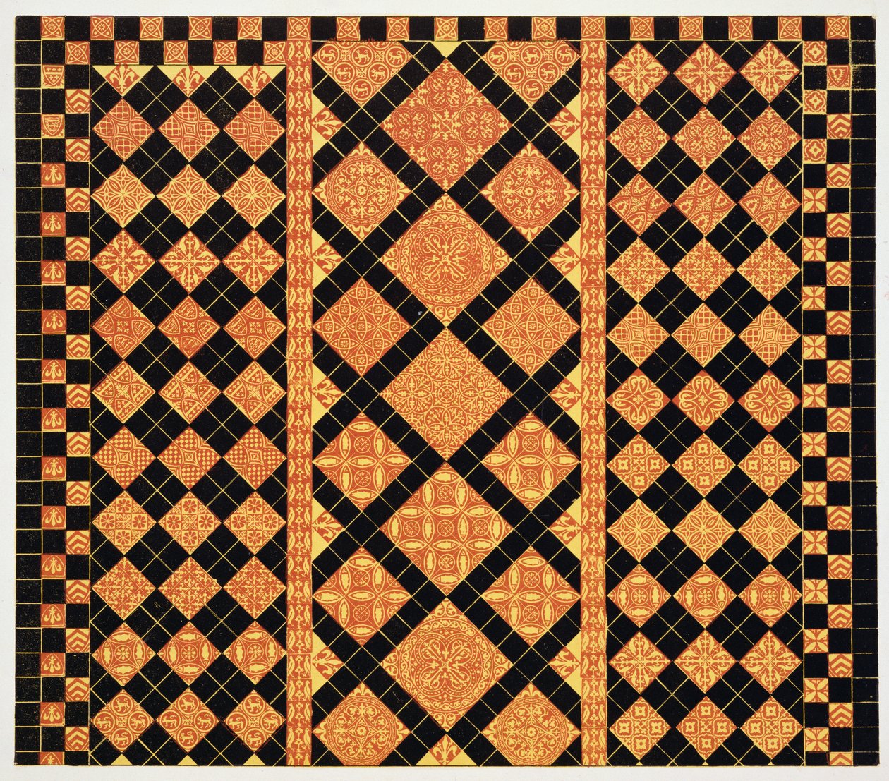 Pflasterung aus dem 14. Jahrhundert aus der Worcester Cathedral Choir School, Illustration aus Specimens of Tile Pavements, gezeichnet von bestehenden Autoritäten, von Henry Shaw, 1858 von English School