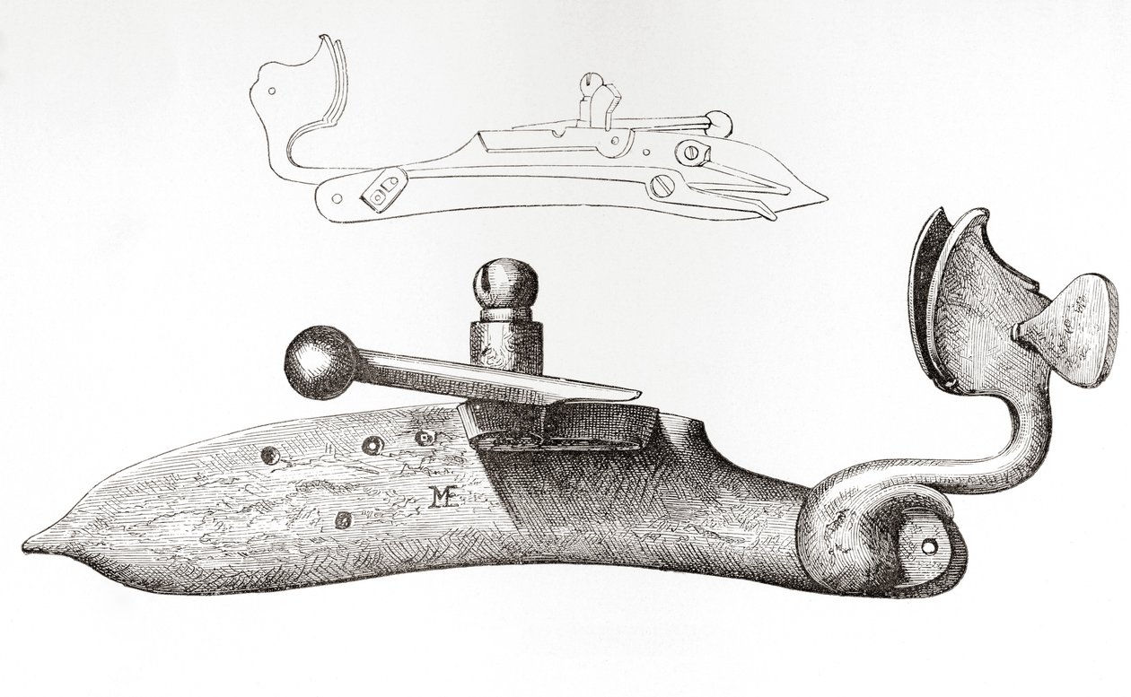 17. Jahrhundert Luntenschloss. Mechanismus oder Schloss zum Abfeuern einer Handfeuerwaffe, aus Die britische Armee: Ihre Ursprünge, Fortschritte und Ausrüstung, veröffentlicht 1868. von English School