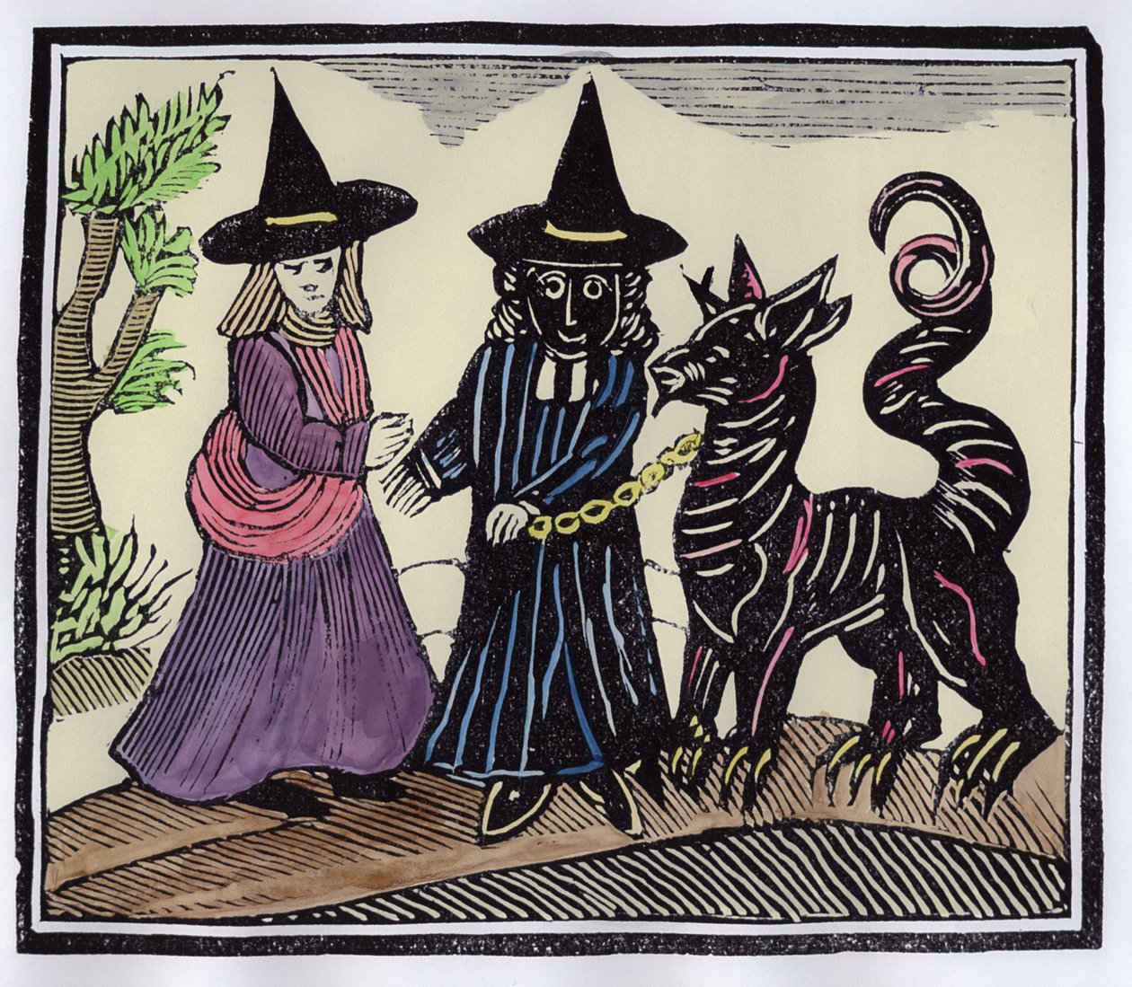 Eine schwarze und eine weiße Hexe mit einem Teufelstier, Illustration aus einer Sammlung von Chapbooks über Esoterik (spätere Kolorierung) von English School