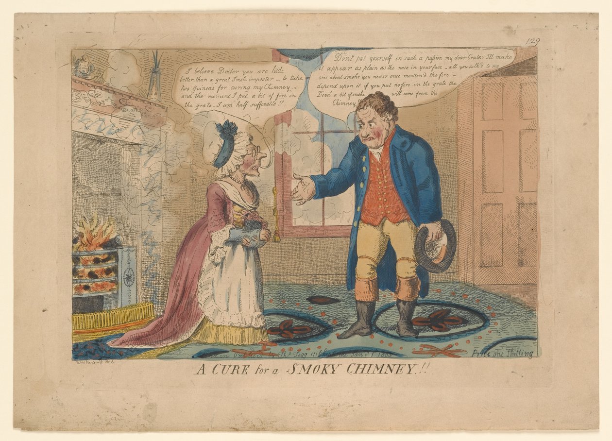 Eine Heilung für einen rauchigen Kamin!!, gezeichnet von G. M. Woodward, 1808 von English School