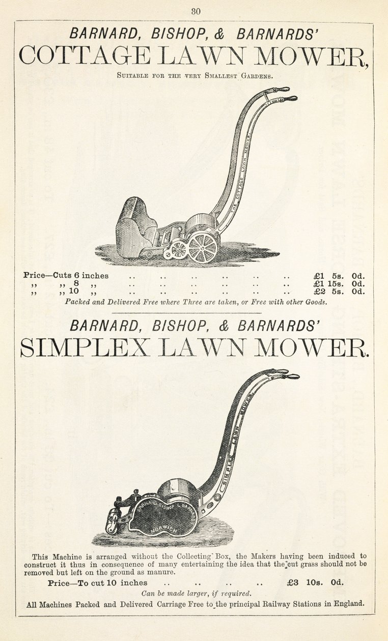 Ein Cottage und Simplex Rasenmäher, Illustration aus einem Gartenkatalog, veröffentlicht von Barnard Bishop & Barnard, 1878 von English School
