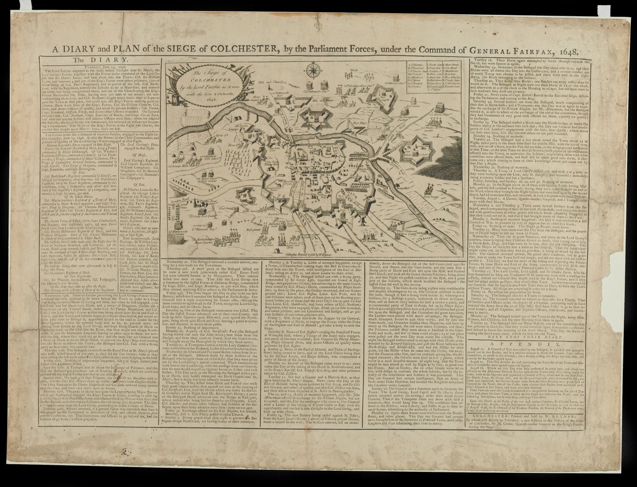 Ein Tagebuch und Bildplan der Belagerung von Colchester, 1648, gedruckt und verkauft von W. Keymer, 1648 von English School