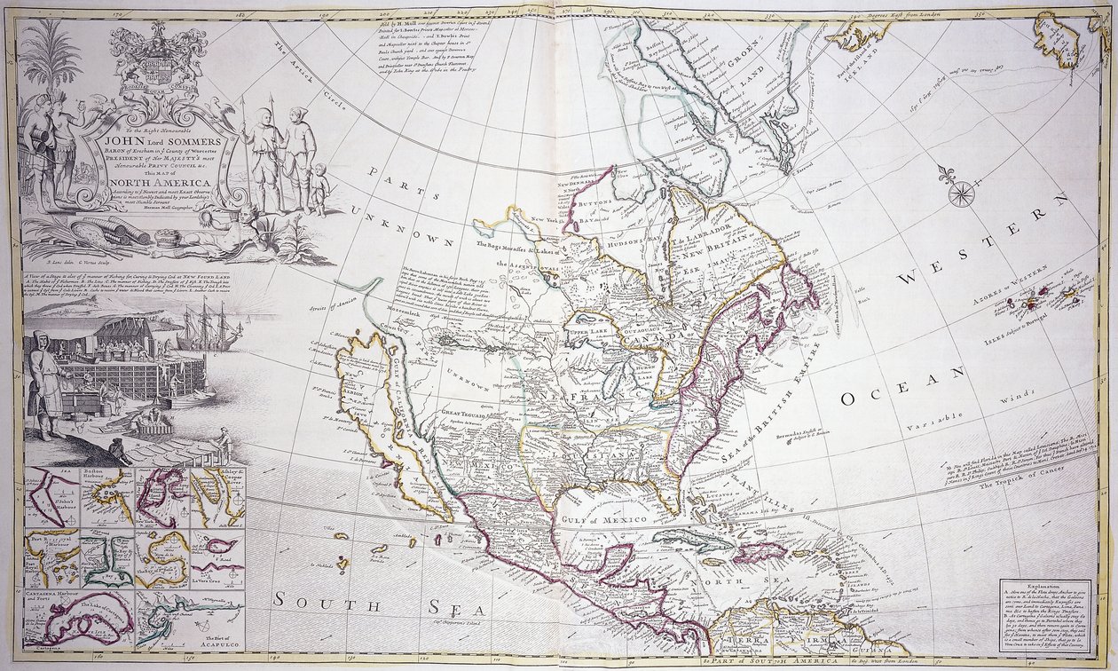 Eine doppelseitige Karte von Nordamerika, ca. 1708-20 von English School