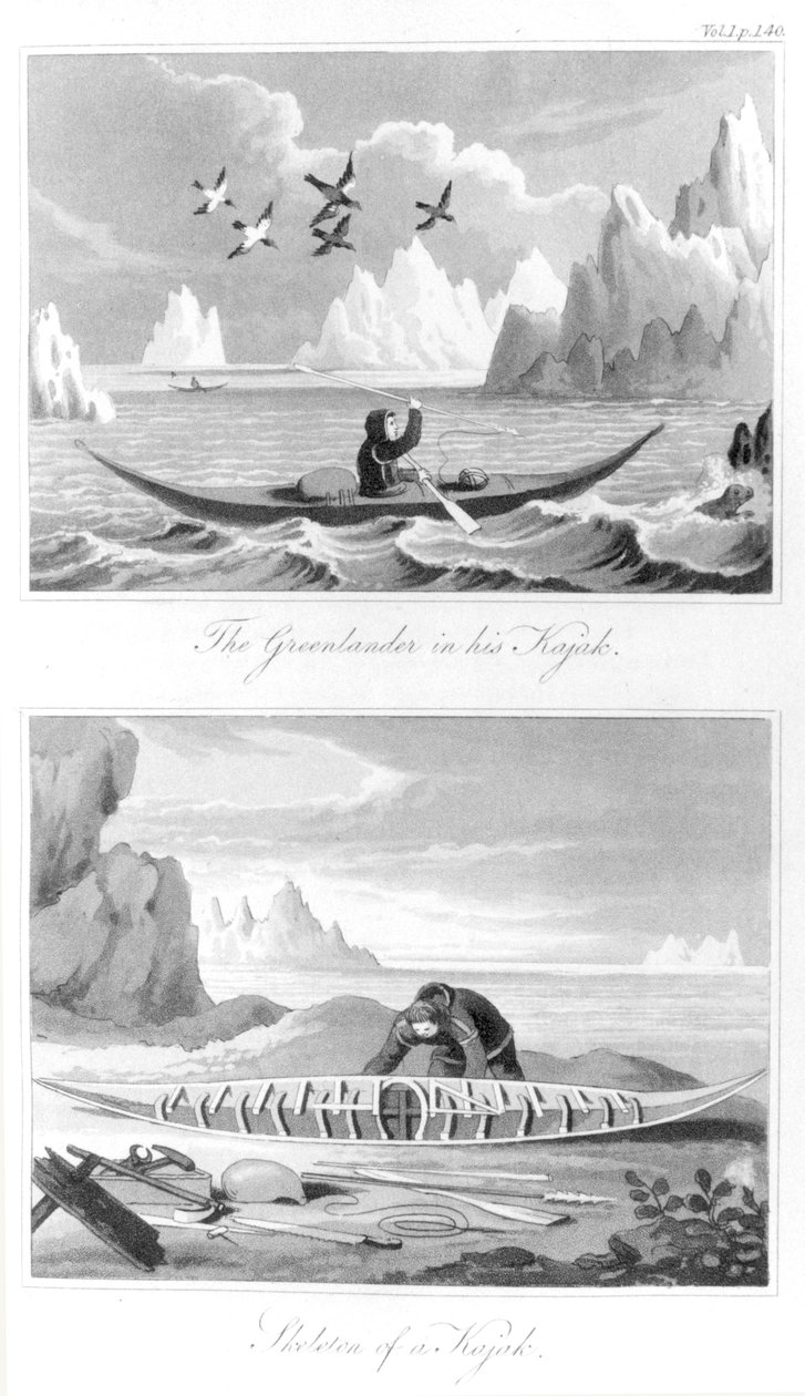 Ein Grönländer und sein Kajak, aus Geschichte von Grönland von David Crantz, 1820 von English School