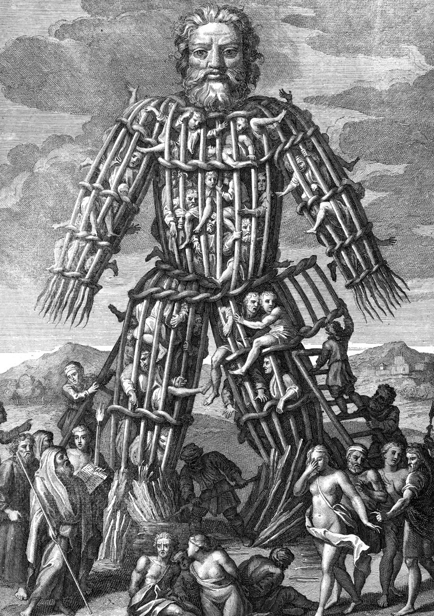 Ein riesiger Koloss aus Weidenzweigen, in dem Menschen zu Ehren der Götter lebendig verbrannt wurden, graviert von Cornelis Huyberts, Illustration zu Caesars Commentaries, ins Englische übersetzt von William Duncan von English School