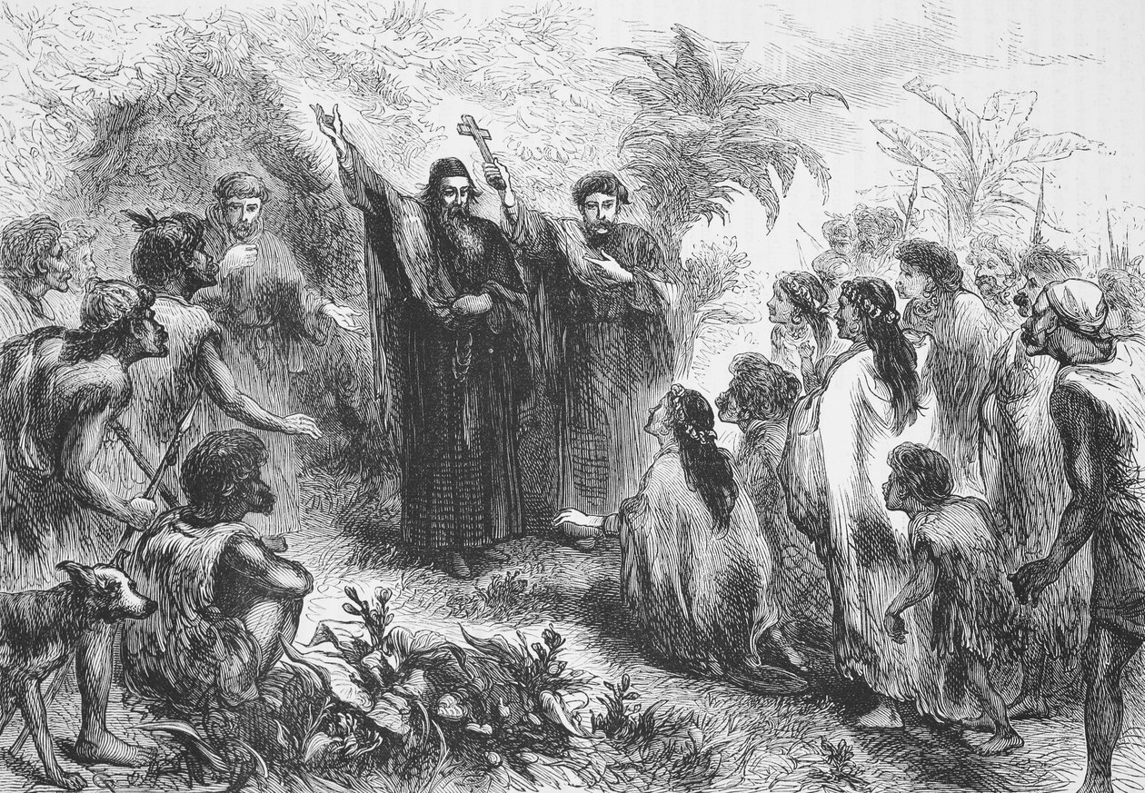 Ein Jesuitenmissionar predigt einem Indianerstamm, Illustration aus Die Geschichte des Protestantismus von James Aitken Wylie, veröffentlicht 1878 von English School