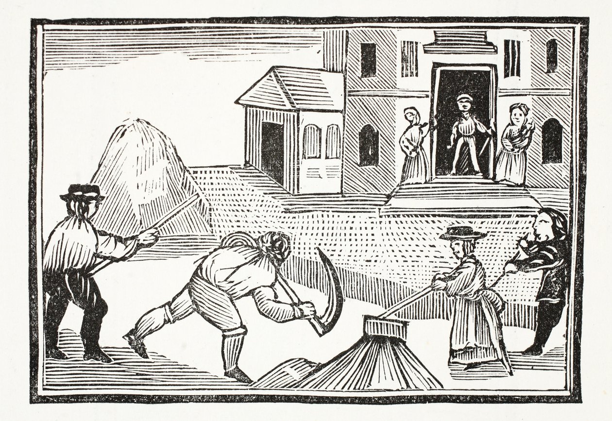 Ein Mann mäht Gras mit einer Sense, die alles vor sich nahm, Illustration aus Chap-books des achtzehnten Jahrhunderts von John Ashton, veröffentlicht 1882 von English School