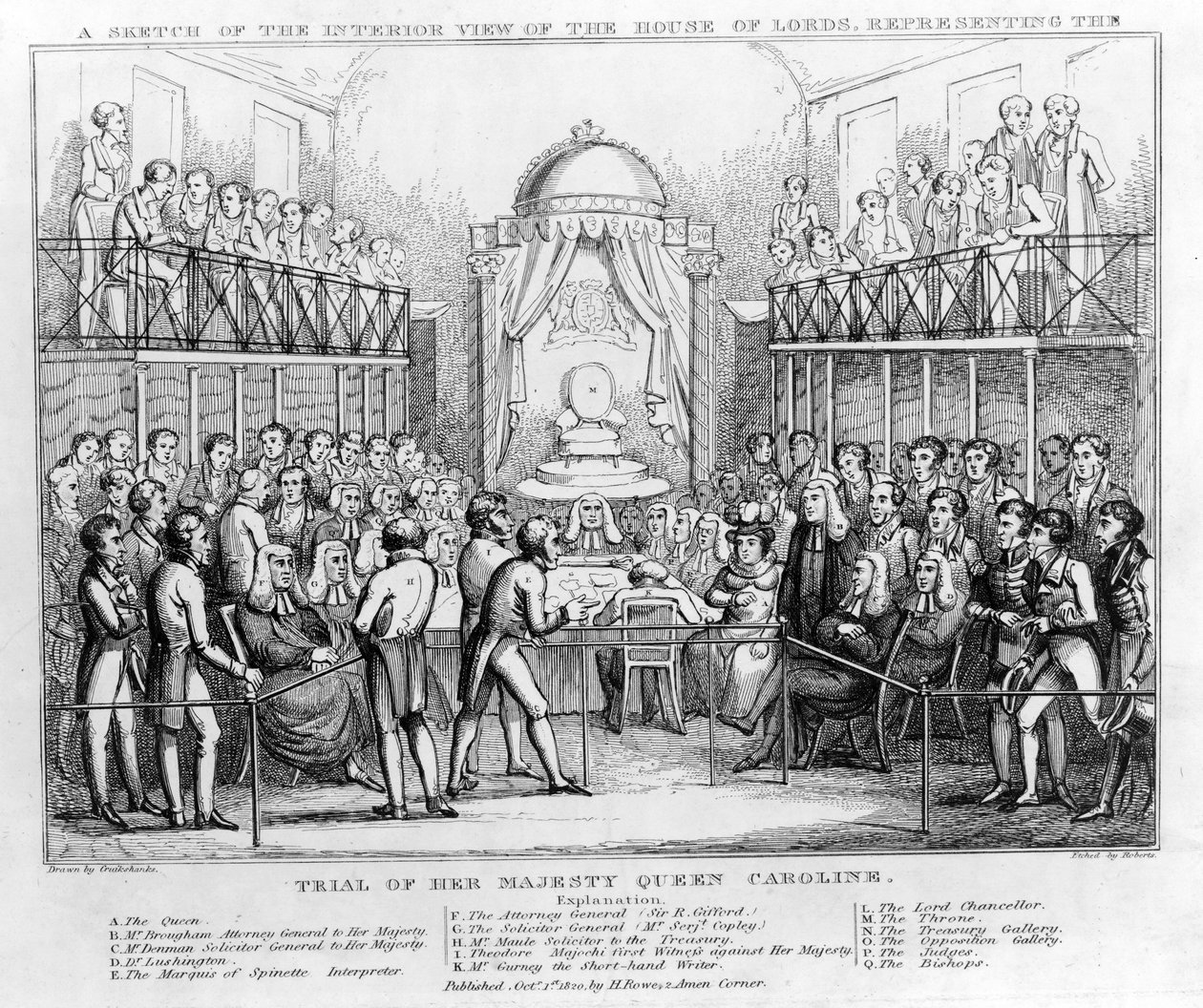 Eine Skizze der Innenansicht des House of Lords, die den Prozess von Königin Caroline darstellt, veröffentlicht 1820 von English School