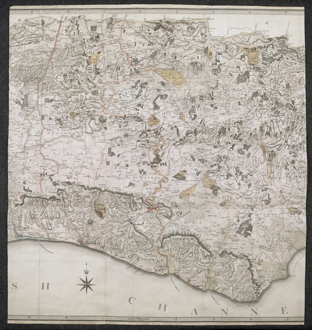 Eine topographische Karte der Grafschaft Sussex, unterteilt in Rapes, Deanries und Hundreds. Geplant nach einer tatsächlichen Vermessung im Maßstab von einem Zoll pro Meile von English School