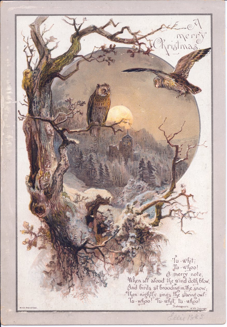 Viktorianische Weihnachtskarte mit einer Eule auf einem Ast bei Mondschein, ca. 1880 von English School