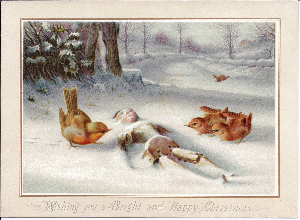 Viktorianische Weihnachtskarte von Rotkehlchen, die eine Holzpuppe im Schnee betrachten, ca. 1880 von English School