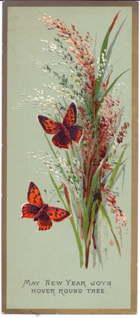 Eine viktorianische Neujahrskarte mit zwei Schmetterlingen zwischen hohen Gräsern, ca. 1880 von English School