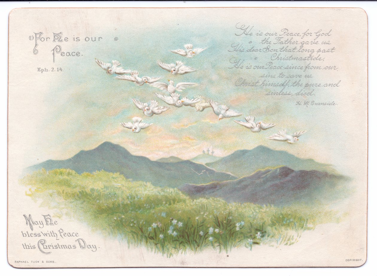 Viktorianische religiöse Weihnachtskarte mit fliegenden Tauben in Form eines Kreuzes, ca. 1880 von English School