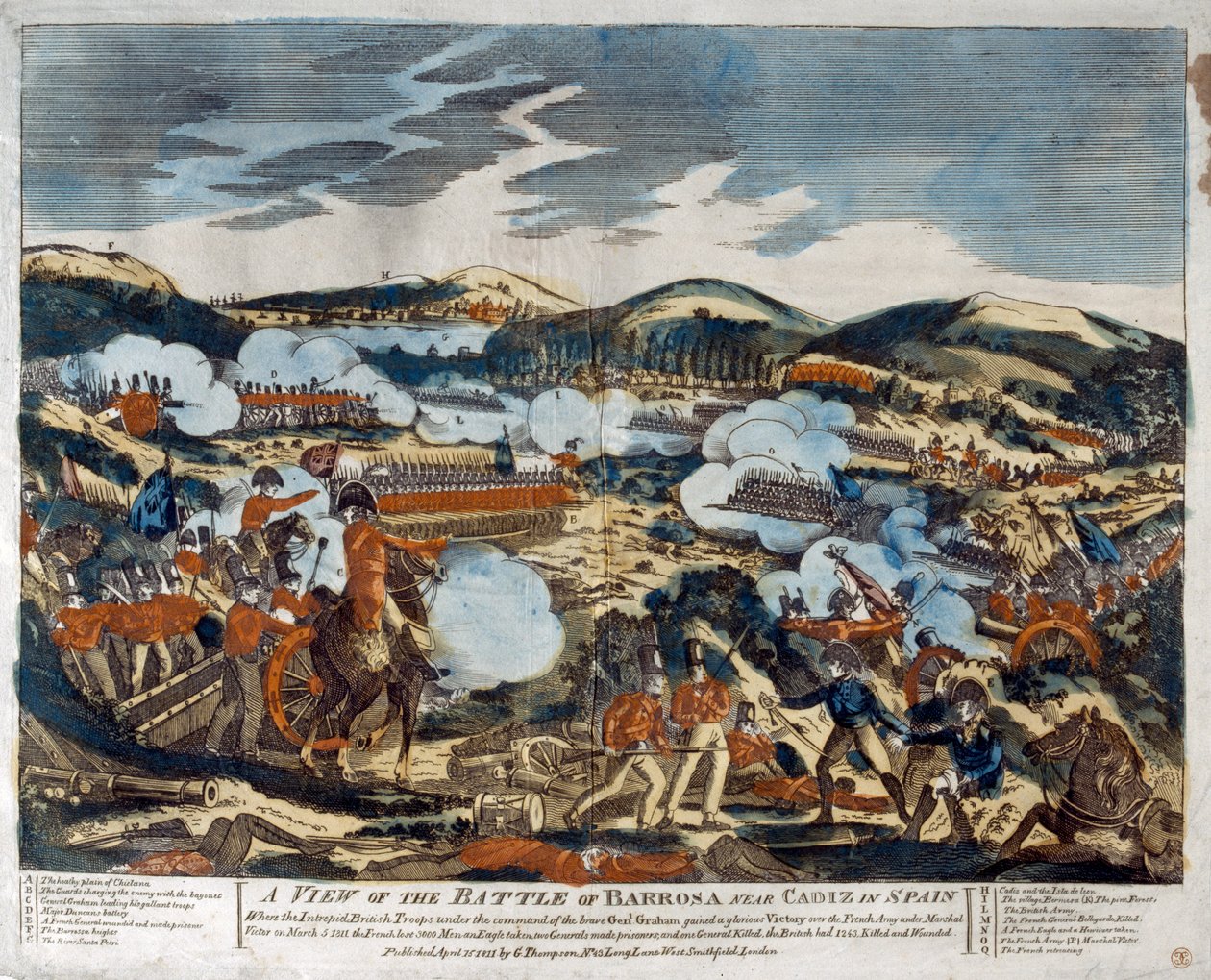 Eine Ansicht der Schlacht von Barossa, 1811 (farbiger Holzschnitt) von English School