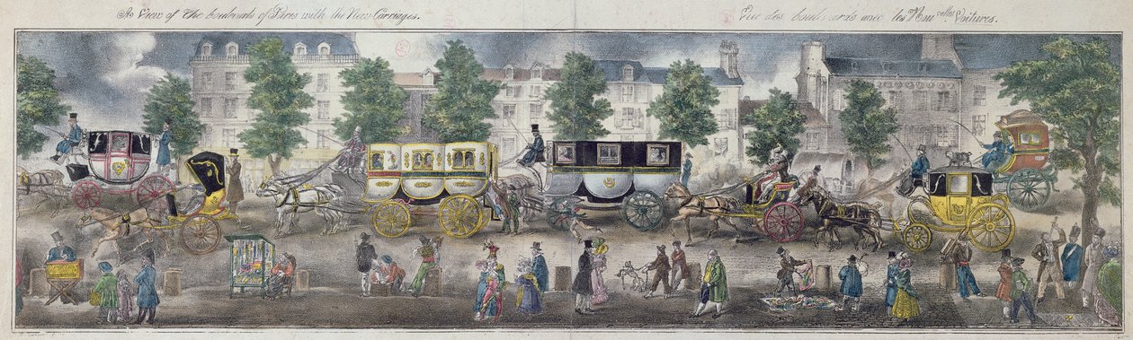 Ansicht der Boulevards von Paris mit den neuen Kutschen, 1828 (Farbstich) von English School