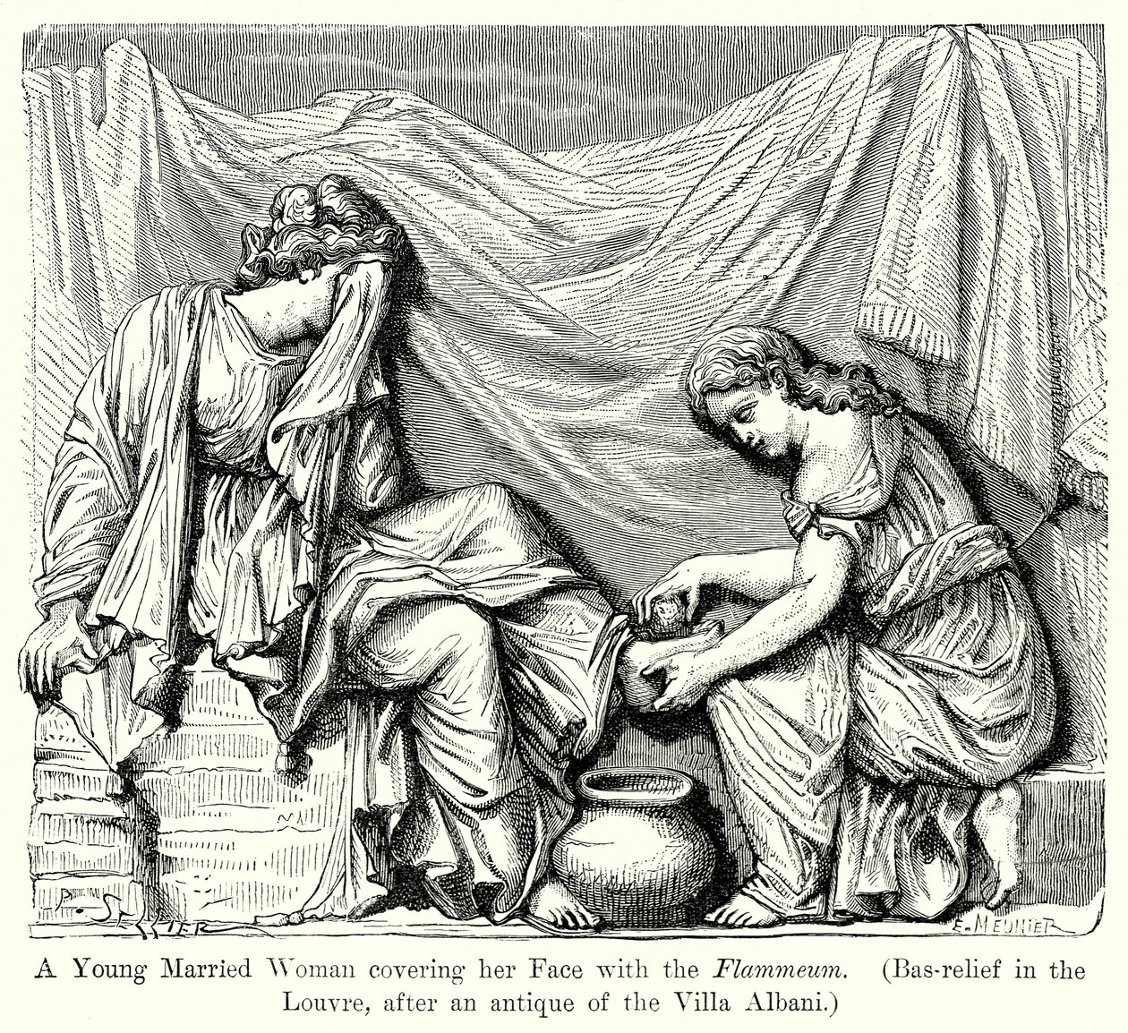 Eine junge verheiratete Frau bedeckt ihr Gesicht mit dem Flammeum (Basrelief im Louvre) von English School