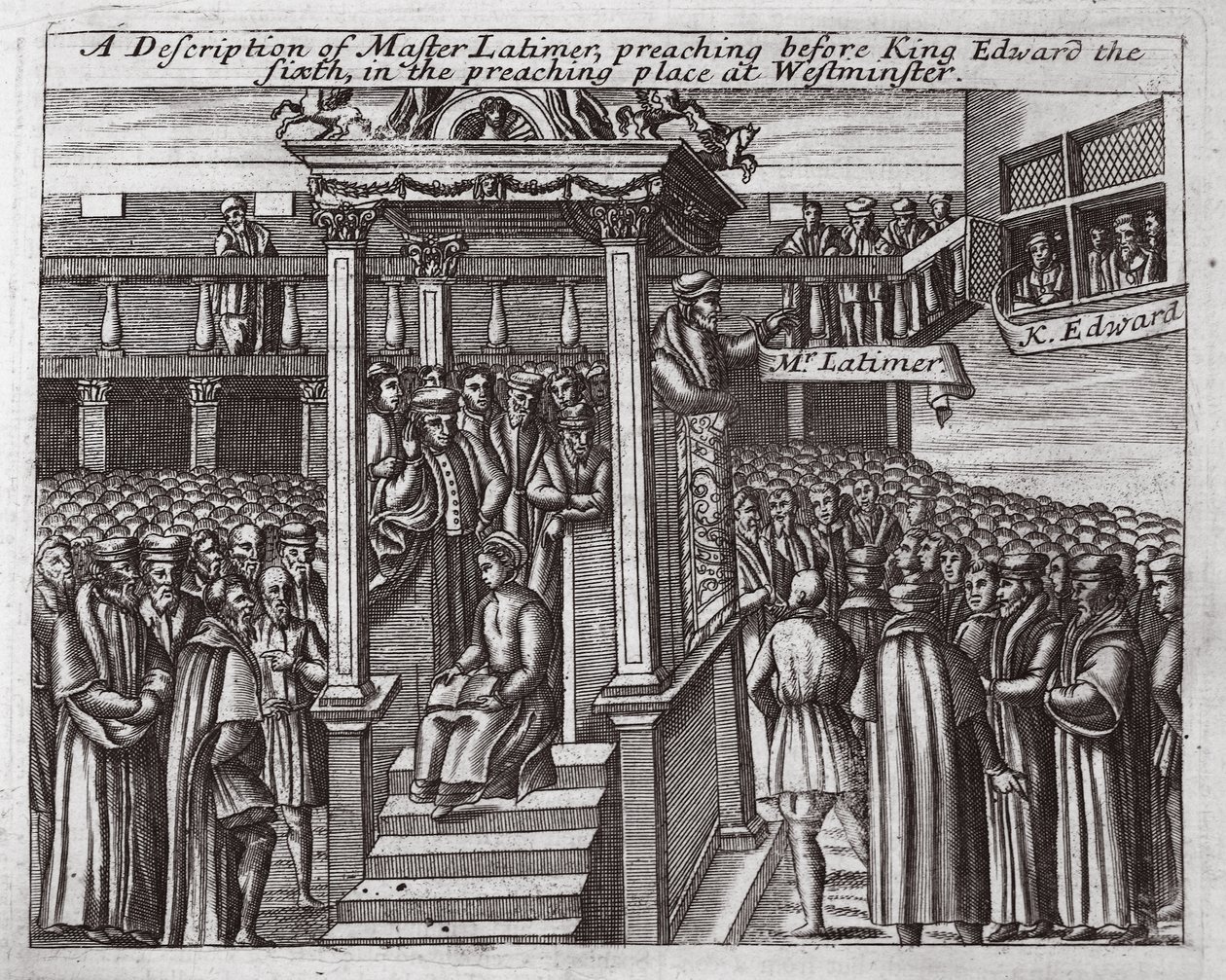 Eine Beschreibung von Meister Latimer, der vor König Edward VI. in der Predigtstätte in Westminster predigt, Illustration aus Acts and Monuments von John Foxe, neunte Ausgabe, veröffentlicht 1684 von English School