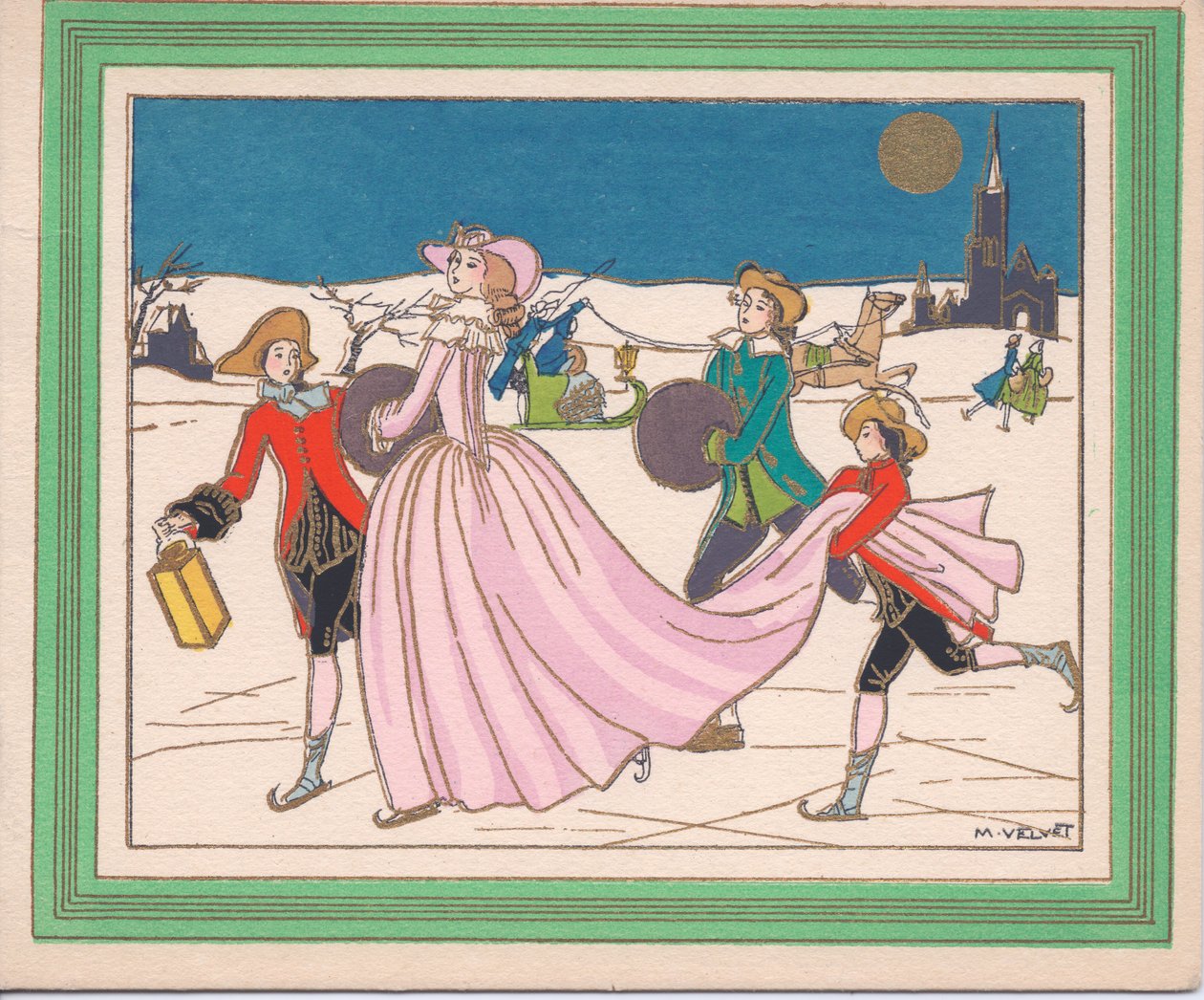 Eine handkolorierte französische Pochoir-Weihnachtskarte einer Dame in einem fließenden rosa Kleid, die mit Begleitern, die eine Laterne und ihren Schleier halten, Schlittschuh läuft, um 1920 von English School
