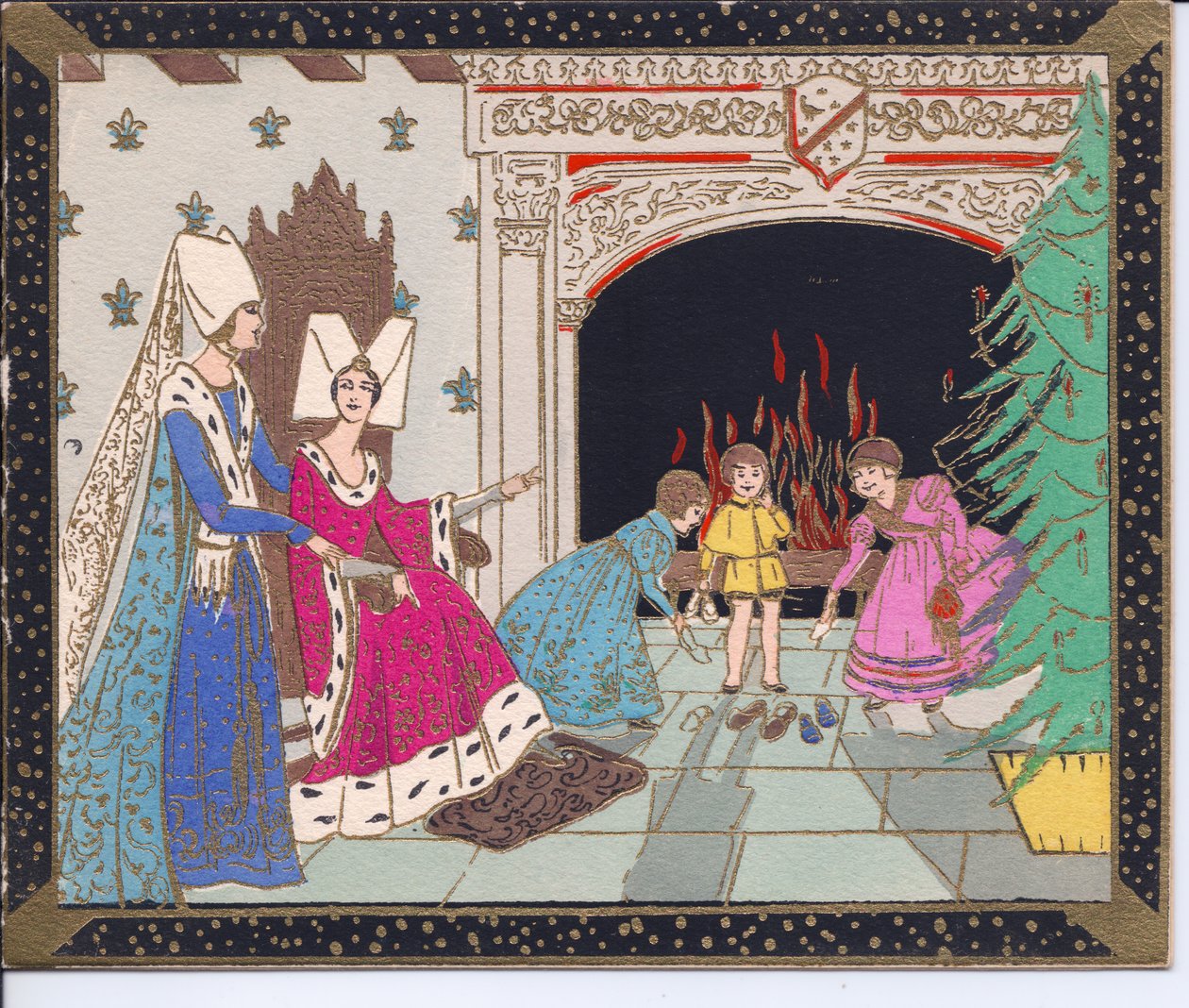 Eine handkolorierte französische Pochoir-Weihnachtskarte von mittelalterlichen Damen mit Schmetterlingshüten und Kindern vor einem großen Kamin, die ihre Schuhe wärmen, um 1920 von English School