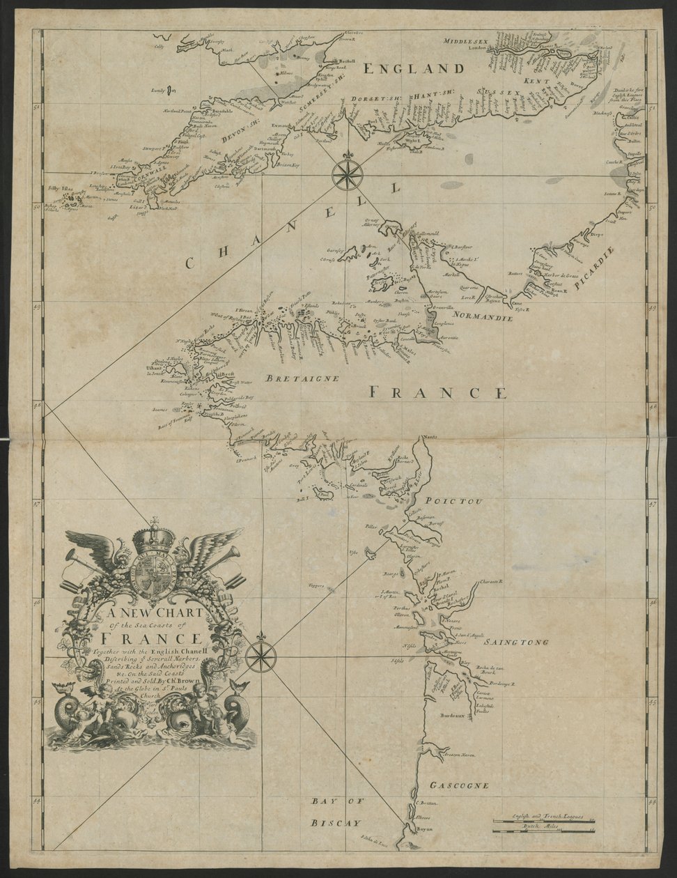 Eine neue Karte der Seeküsten Frankreichs, zusammen mit dem Englischen Kanal, ca. 1730 von English School