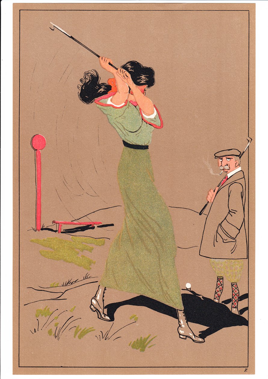 Ein Druck von zwei Golfern in komischen und humorvollen Posen, ca. 1920 von English School