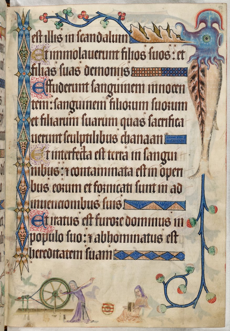 Add. 42130, f.193, Psalm 105, Frauen spinnen und kämmen Wolle, aus dem 