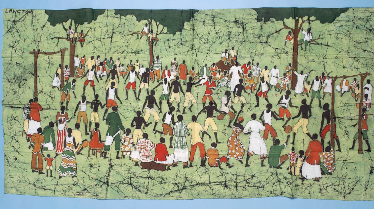 Afrikanisches Batik, das ein Fußballspiel mit Zuschauern darstellt von English School
