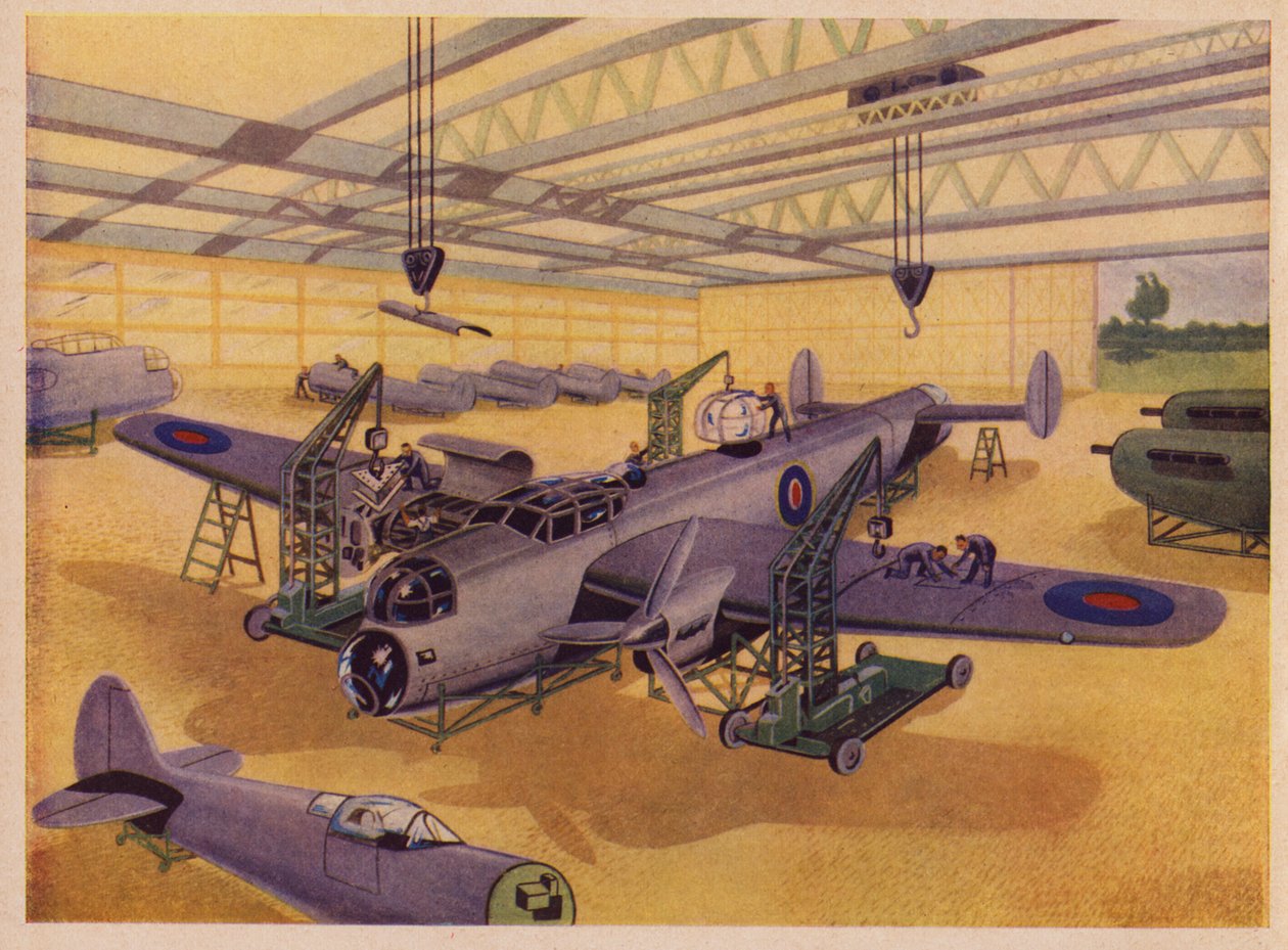 Flugzeugfabrik (Farblithografie) von English School