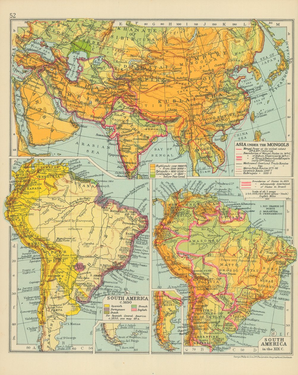 Asien unter den Mongolen. Südamerika um 1650. Südamerika im XIX. Jahrhundert von English School