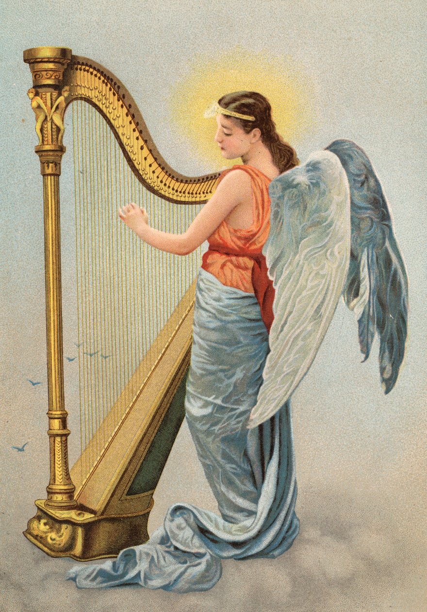Allegorisches Bild der Musik, mit einem Engel, der die Harfe spielt von English School